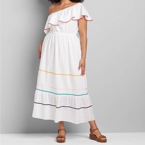 Lane Bryant One-Shoulder white Ruffle Maxi Dress